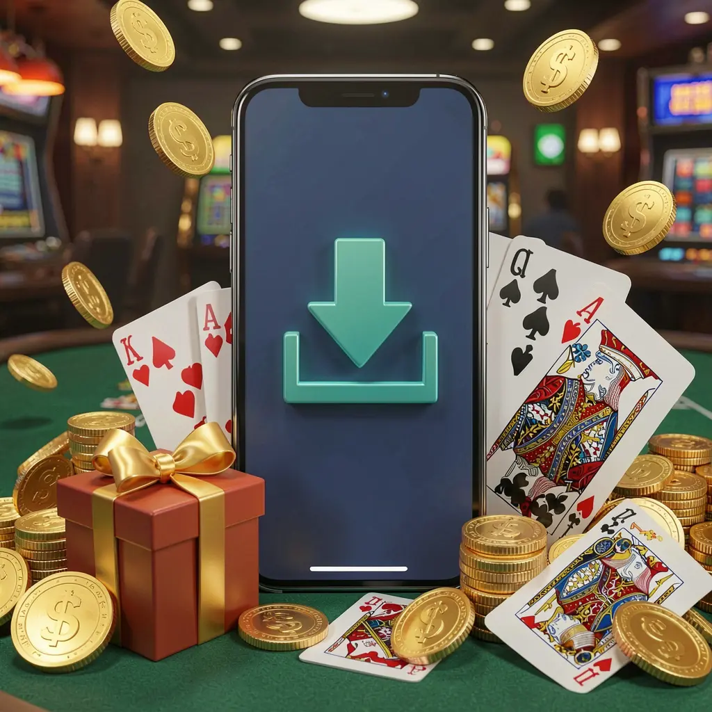 Smartphone displaying a download icon surrounded by golden coins, a gift box, and playing cards, illustrating the KAYA69 casino app download concept in a modern mobile gaming atmosphere Smartphone displaying a download icon surrounded by golden coins, a gift box, and playing cards, illustrating the KAYA69 casino app download concept in a modern mobile gaming atmosphere