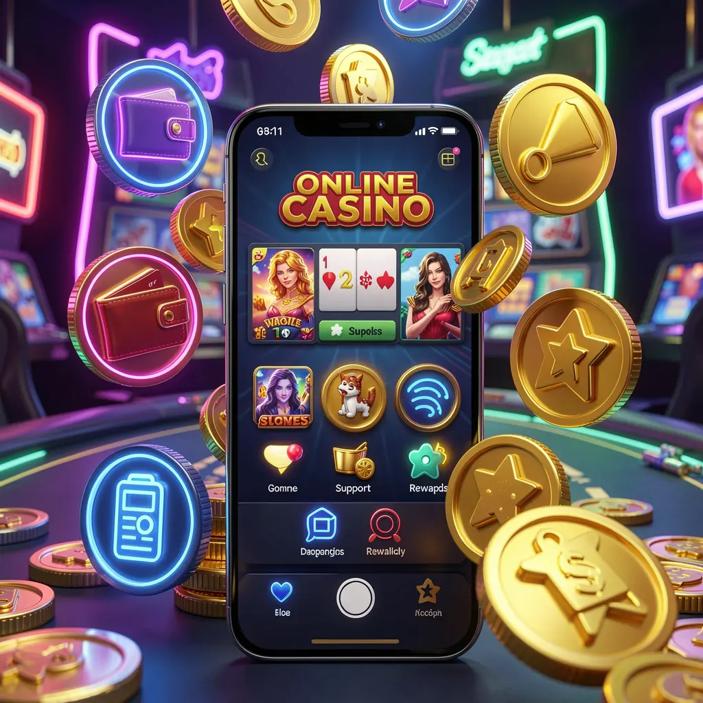 KAYA69 online casino app features displayed on a smartphone surrounded by icons for wallet, games, support, and rewards with golden coins and neon lights in a luxury 3D render KAYA69 online casino app features displayed on a smartphone surrounded by icons for wallet, games, support, and rewards with golden coins and neon lights in a luxury 3D render