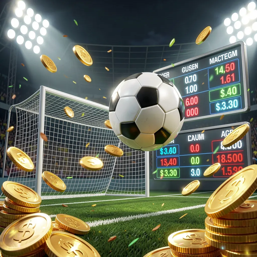 KAYA69 premium match betting scene with a soccer ball flying toward the goal in a stadium illuminated by floodlights, glowing odds interface, and golden coins creating a dynamic sports betting atmosphere