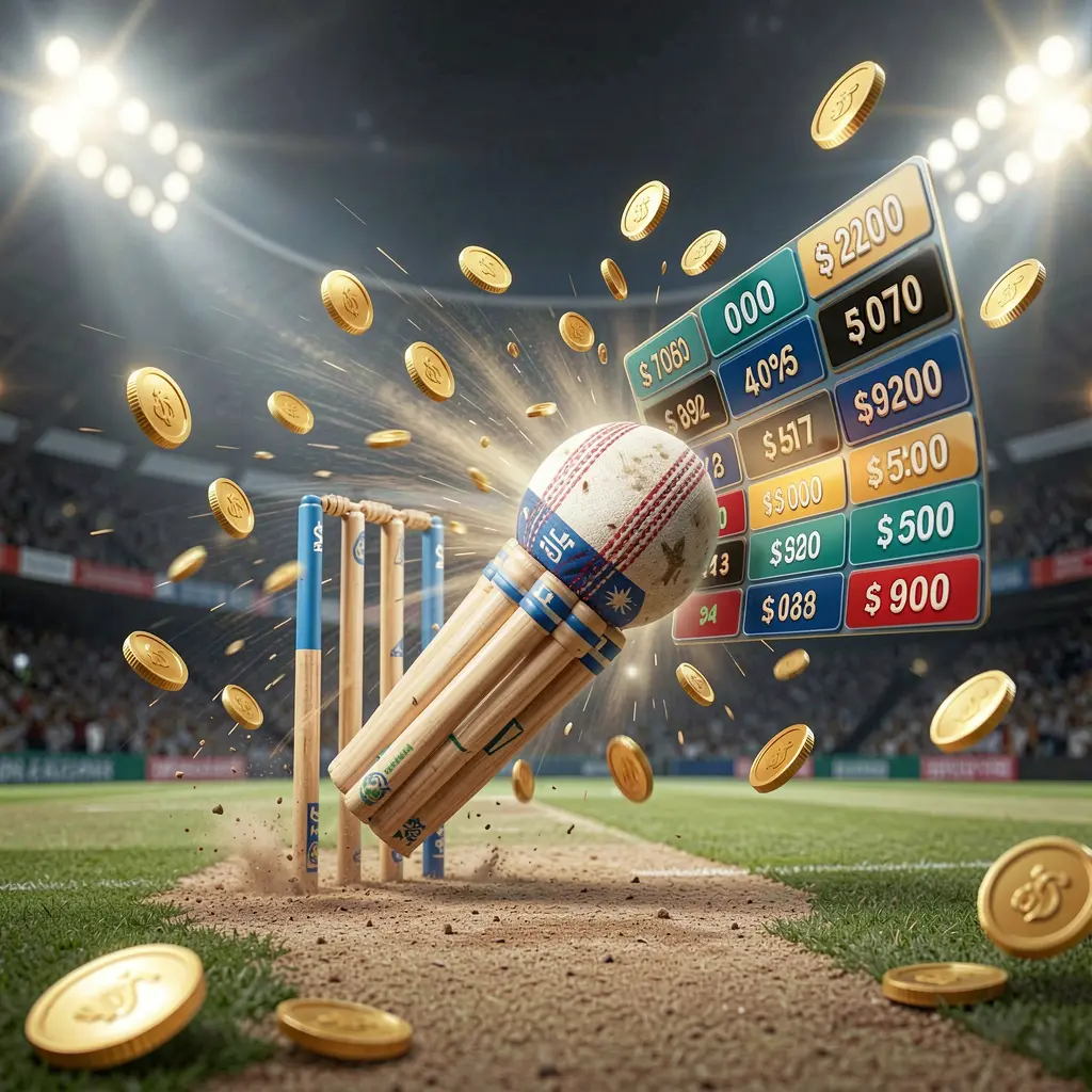 KAYA69 cricket match betting banner showing a cricket ball hitting wickets with dynamic motion under stadium lights, featuring a floating odds interface and coins in a premium sports atmosphere