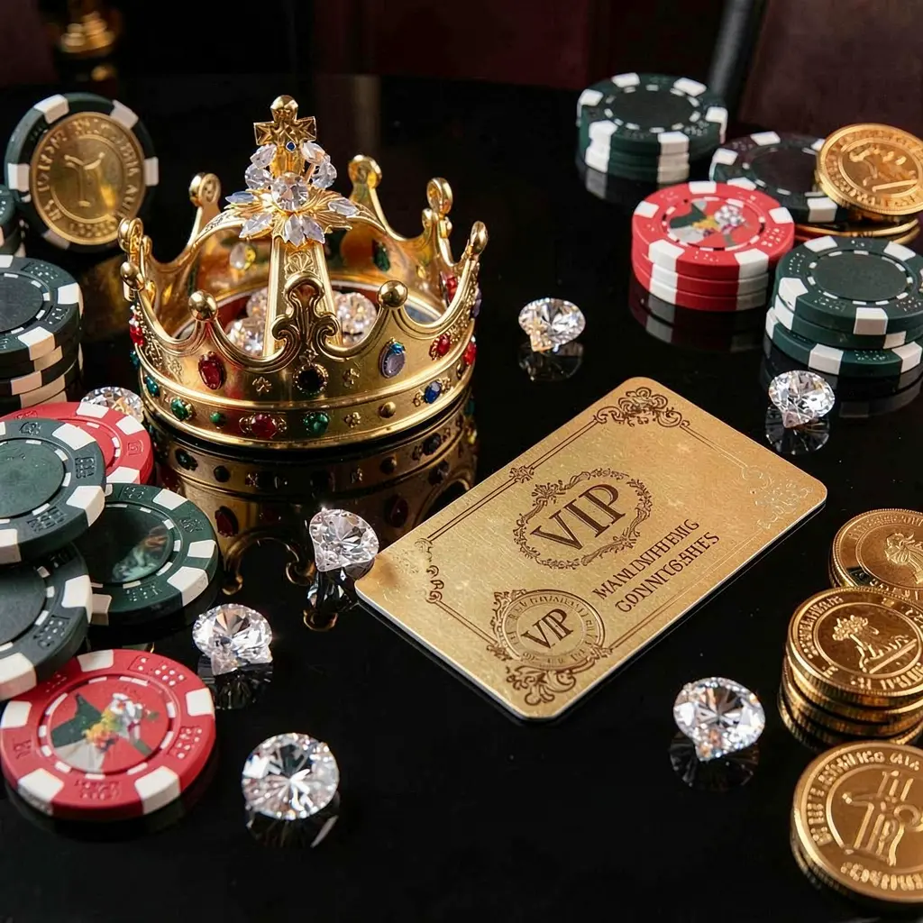 KAYA69 VIP casino bonus concept featuring a golden crown, luxury membership card, poker chips, diamonds, and coins on a glossy black table in an elegant premium style
