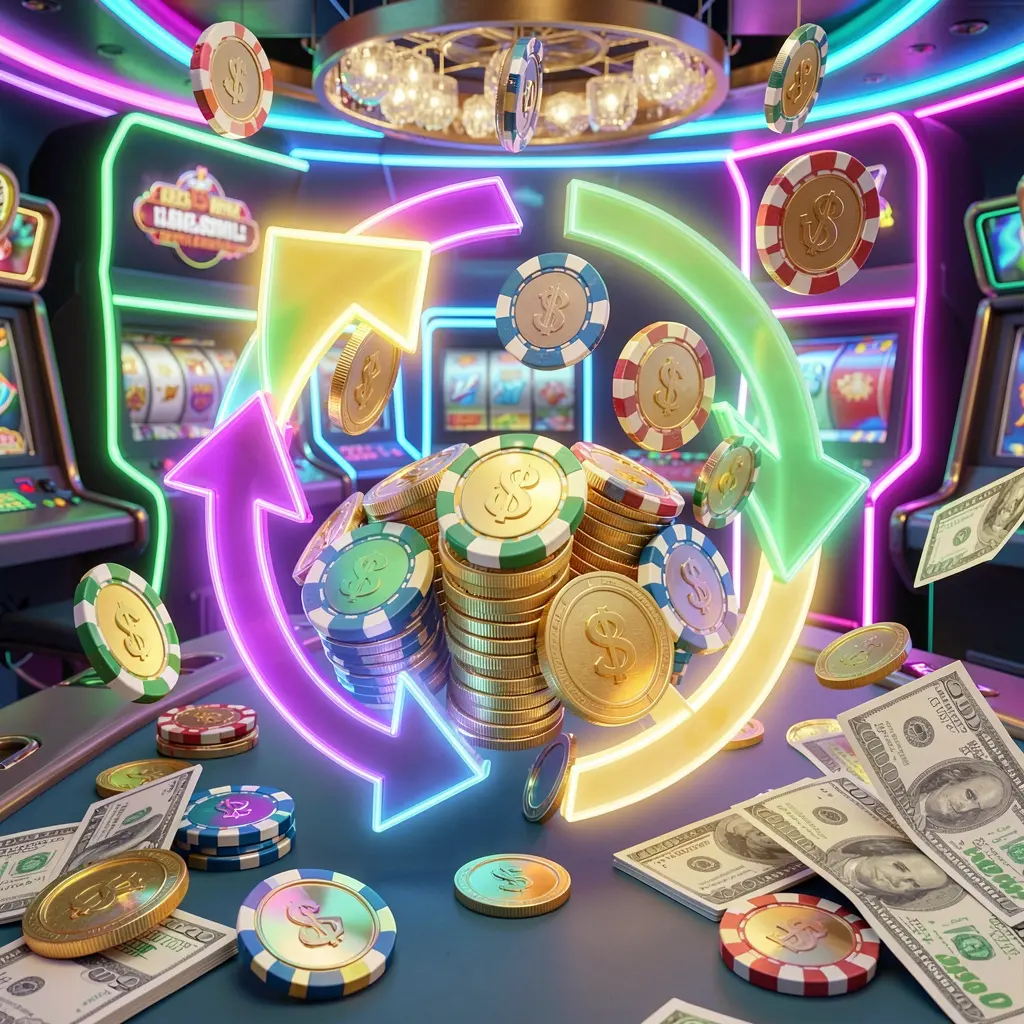 KAYA69 reload bonus casino visual featuring glowing circular arrows around coins, chips, and cash with a modern neon casino background in a high detail 3D render