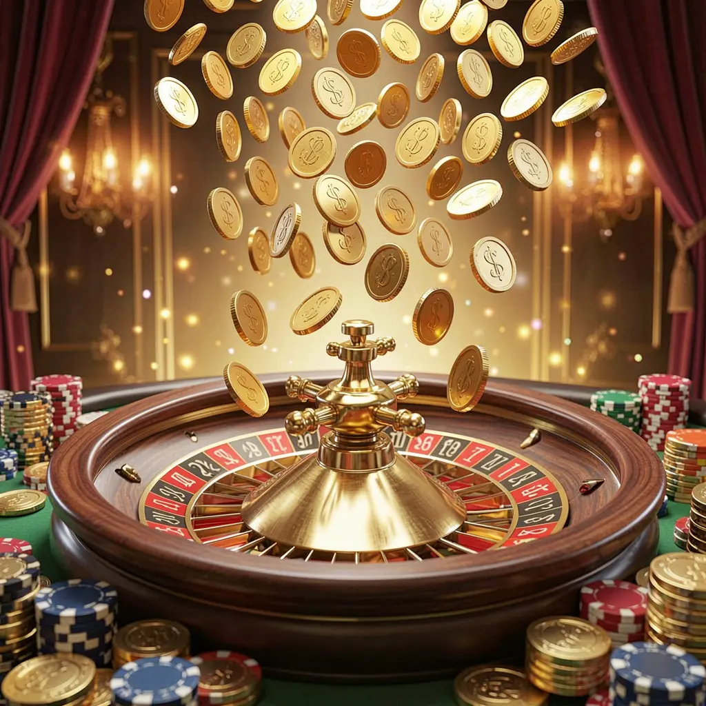 KAYA69 premium online casino banner with golden coins raining over a roulette wheel and poker chips against a glowing luxury background in a dynamic 3D render KAYA69 premium online casino banner with golden coins raining over a roulette wheel and poker chips against a glowing luxury background in a dynamic 3D render