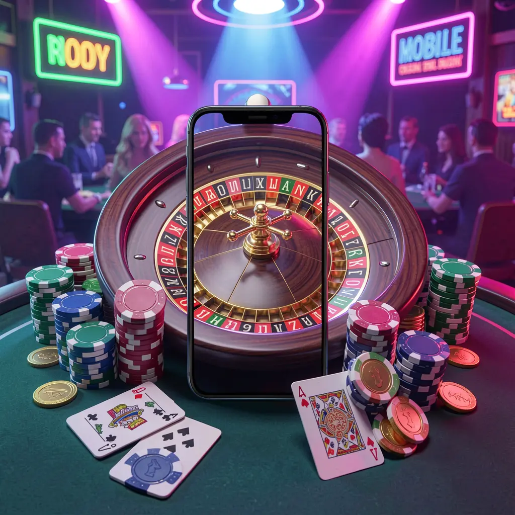KAYA69 mobile casino experience with a smartphone surrounded by a roulette wheel, chips, cards, and coins in a bright neon casino atmosphere KAYA69 mobile casino experience with a smartphone surrounded by a roulette wheel, chips, cards, and coins in a bright neon casino atmosphere