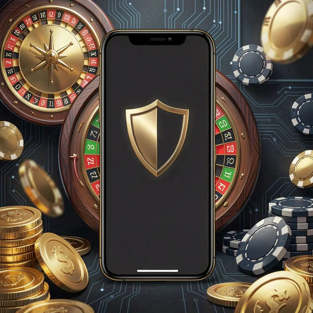 KAYA69 secure mobile casino login screen showing a phone with a shield icon, roulette wheel, poker chips, and golden coins in a dark cyber luxury setting KAYA69 secure mobile casino login screen showing a phone with a shield icon, roulette wheel, poker chips, and golden coins in a dark cyber luxury setting