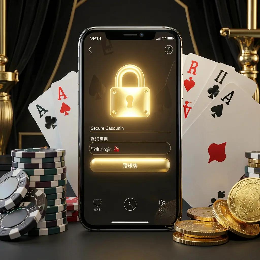 KAYA69 secure casino account login concept with glowing lock icon on smartphone screen surrounded by poker chips, playing cards, and golden coins on an elegant black and gold background KAYA69 secure casino account login concept with glowing lock icon on smartphone screen surrounded by poker chips, playing cards, and golden coins on an elegant black and gold background
