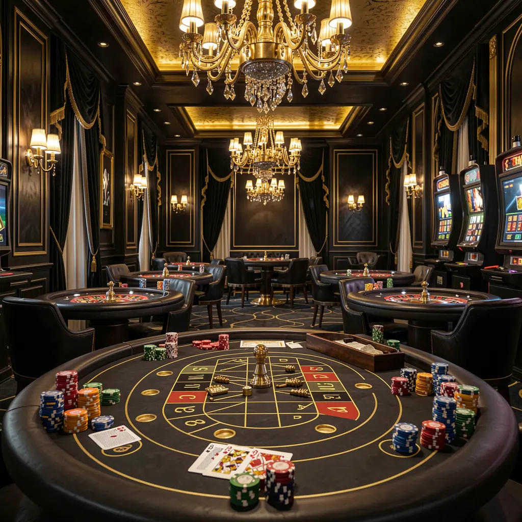 KAYA69 luxury online casino lobby scene with glowing roulette tables, golden lights, poker chips and cards in a premium black and gold design KAYA69 luxury online casino lobby scene with glowing roulette tables, golden lights, poker chips and cards in a premium black and gold design